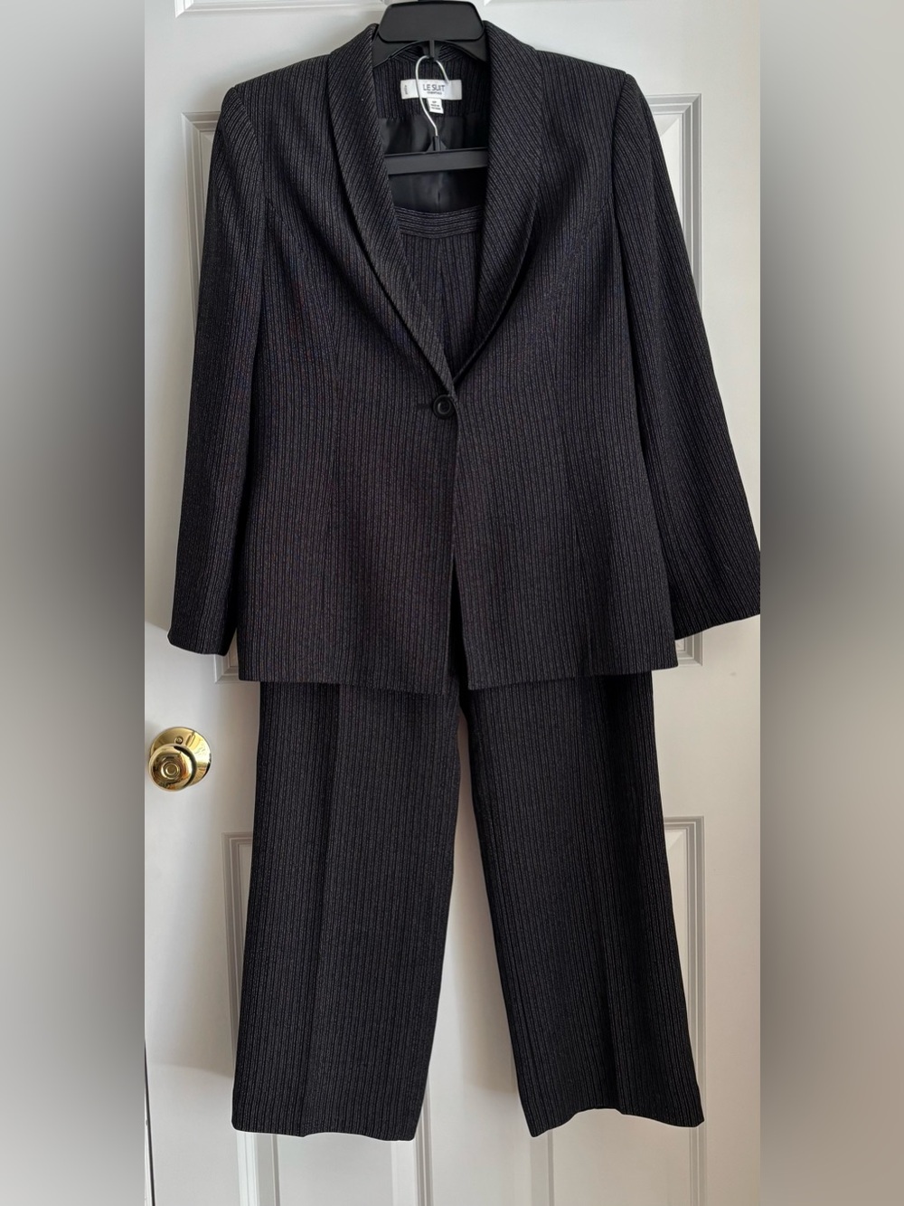 Le Suit Black Pinstripe Women's Blazer and Wide-Leg Pants